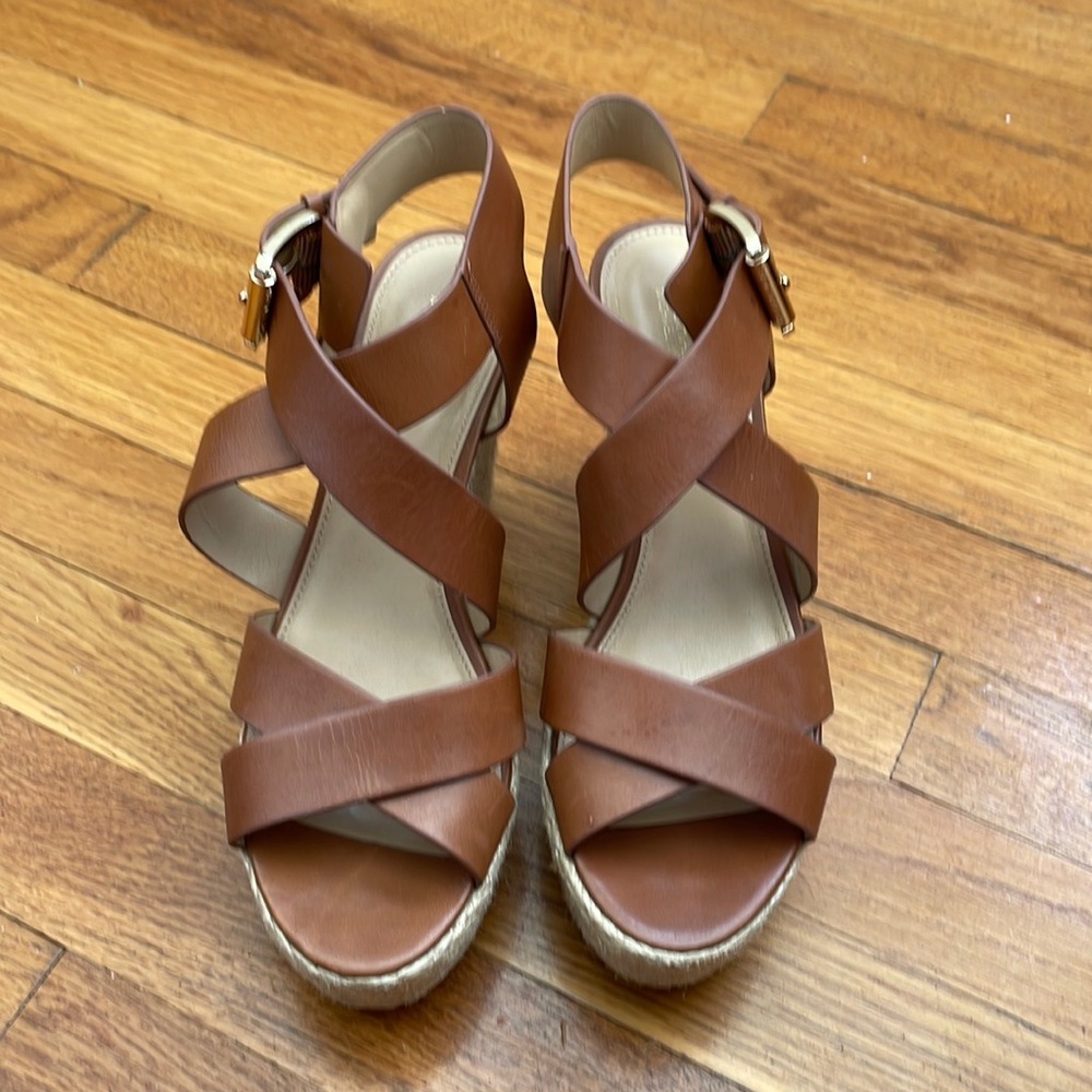 Michael Kors Brown Leather Crisscross Wedge Sandals size 7.5